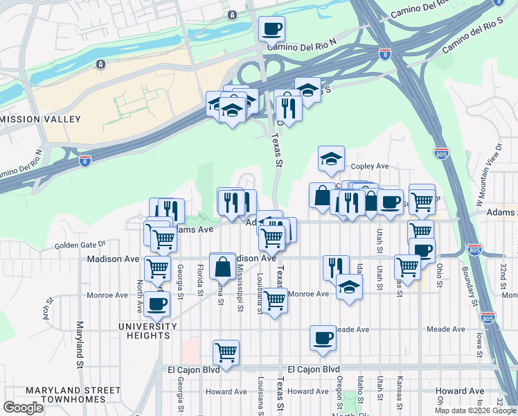 map of restaurants, bars, coffee shops, grocery stores, and more near 2320 Adams Avenue in San Diego