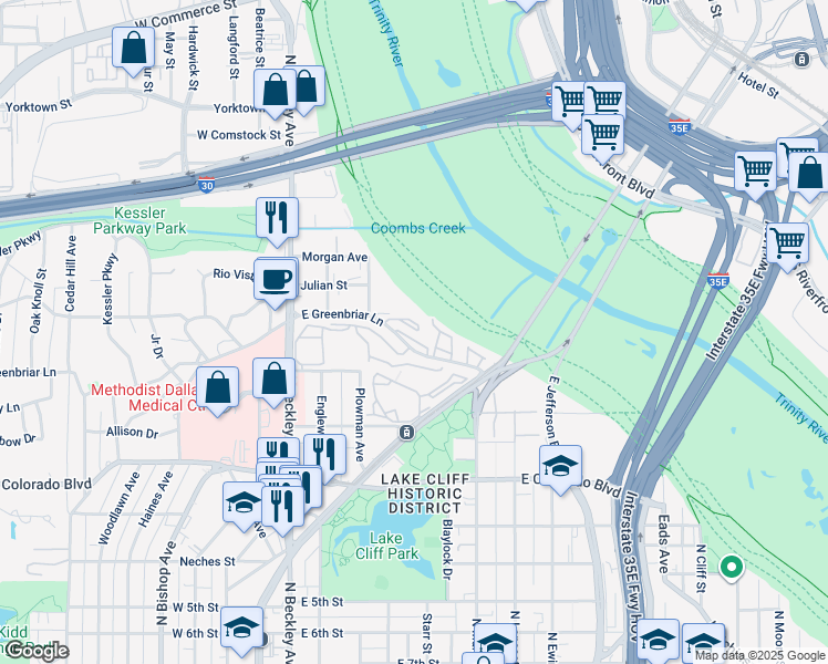 map of restaurants, bars, coffee shops, grocery stores, and more near 381 East Greenbriar Lane in Dallas