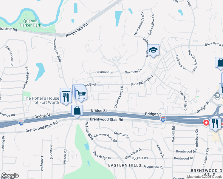 map of restaurants, bars, coffee shops, grocery stores, and more near 1174 Country Club Lane in Fort Worth