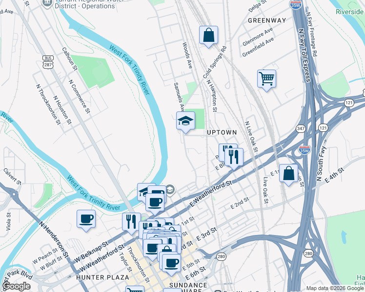 map of restaurants, bars, coffee shops, grocery stores, and more near 432 Samuels Avenue in Fort Worth