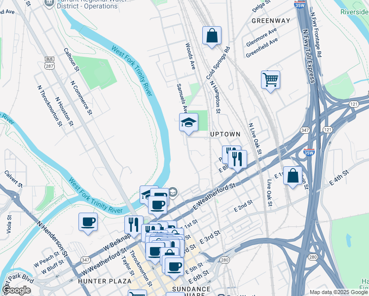 map of restaurants, bars, coffee shops, grocery stores, and more near 432 Samuels Avenue in Fort Worth