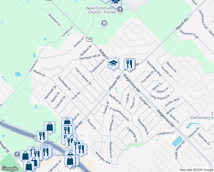 map of restaurants, bars, coffee shops, grocery stores, and more near 714 Woodcrest Way in Forney