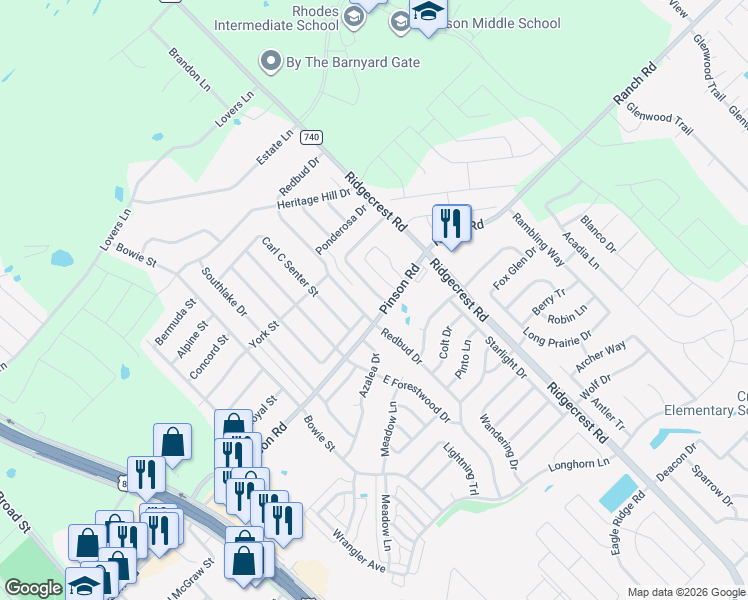map of restaurants, bars, coffee shops, grocery stores, and more near 405 Magnolia Drive in Forney