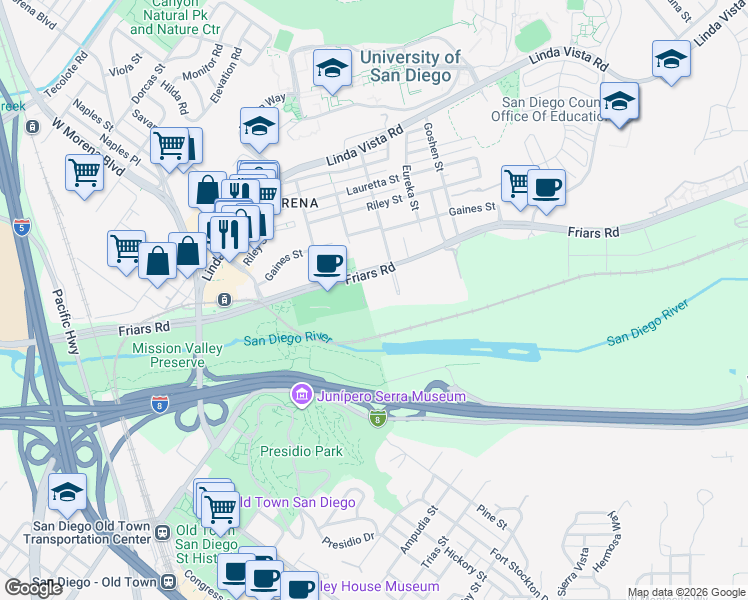 map of restaurants, bars, coffee shops, grocery stores, and more near 5665 Friars Road in San Diego
