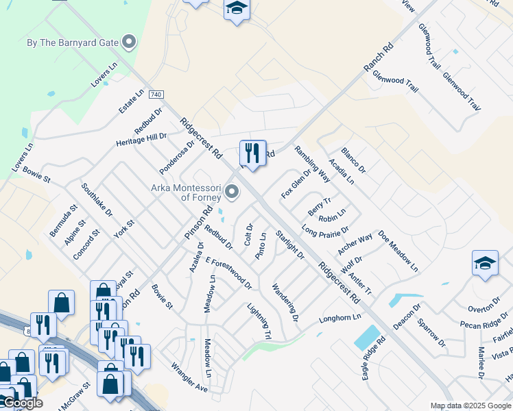map of restaurants, bars, coffee shops, grocery stores, and more near 226 Starlight Drive in Forney