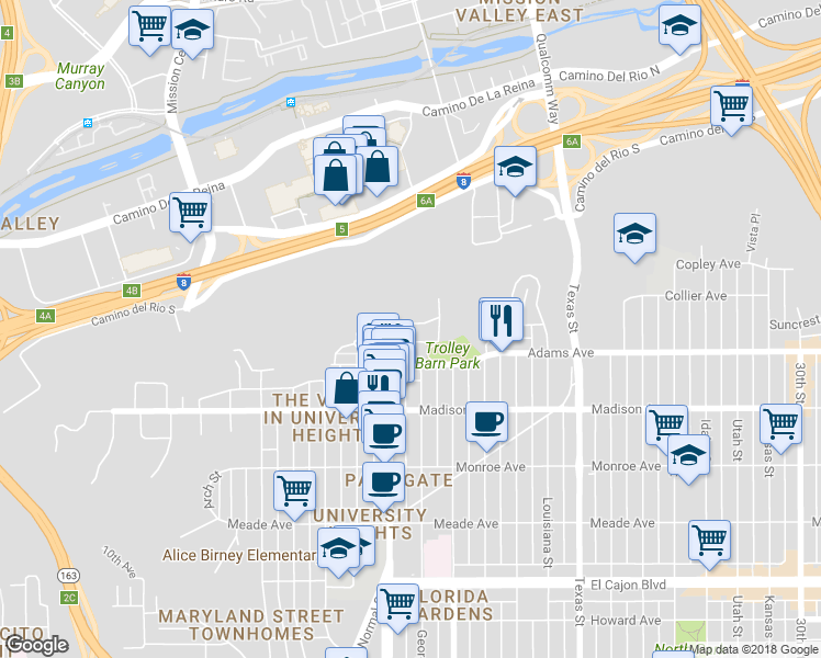 map of restaurants, bars, coffee shops, grocery stores, and more near 1865 Mission Cliff Drive in San Diego