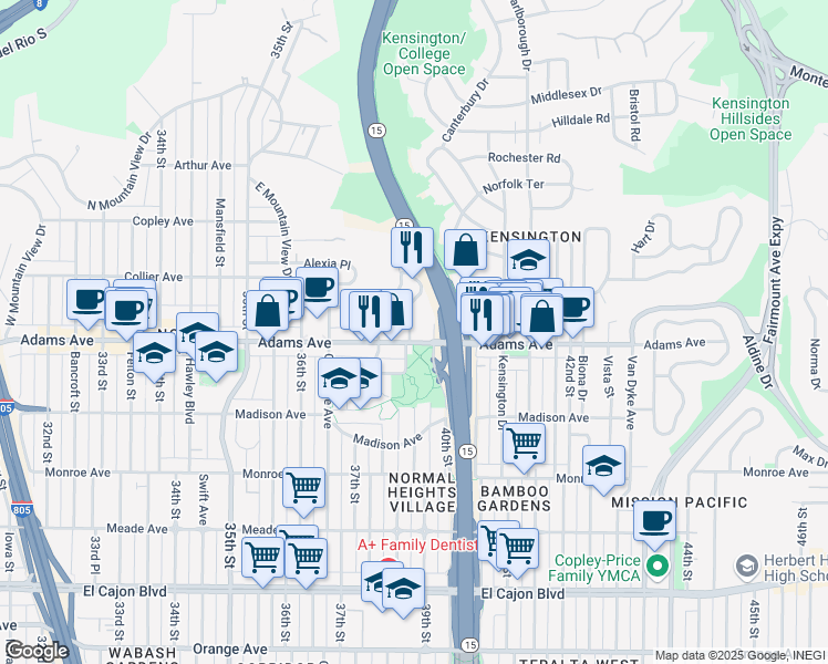 map of restaurants, bars, coffee shops, grocery stores, and more near 4701 39th Street in San Diego