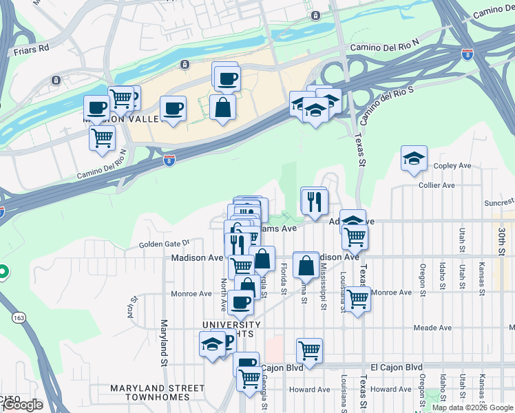 map of restaurants, bars, coffee shops, grocery stores, and more near 1865 Mission Cliff Drive in San Diego