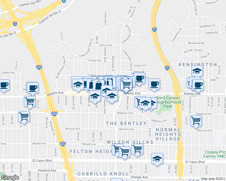 map of restaurants, bars, coffee shops, grocery stores, and more near 4713 Mansfield Street in San Diego