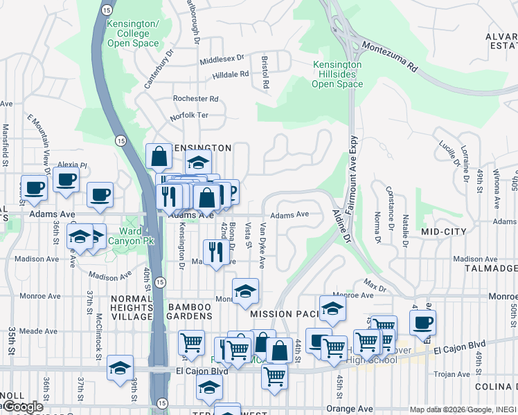 map of restaurants, bars, coffee shops, grocery stores, and more near 4708 Van Dyke Avenue in San Diego