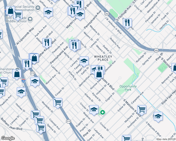 map of restaurants, bars, coffee shops, grocery stores, and more near 2627 Metropolitan Avenue in Dallas