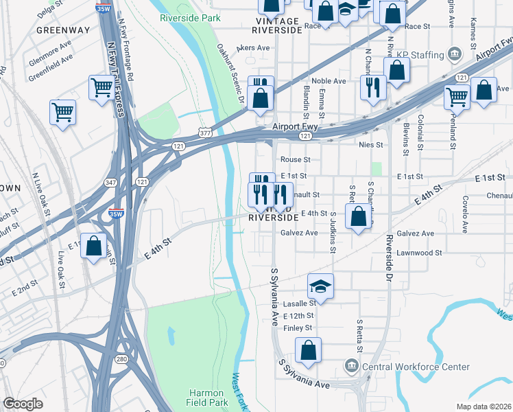 map of restaurants, bars, coffee shops, grocery stores, and more near 2504 East 4th Street in Fort Worth