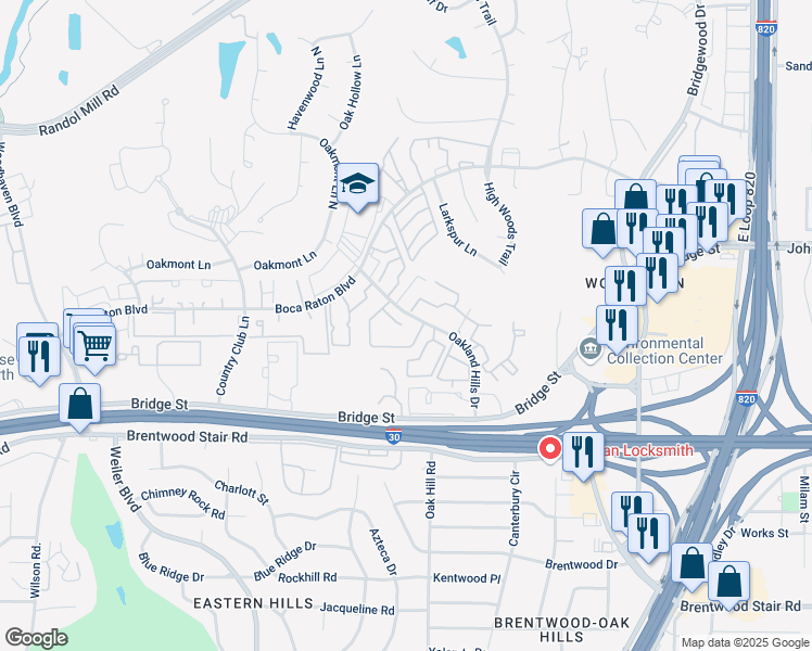 map of restaurants, bars, coffee shops, grocery stores, and more near 5974 Baymort Court in Fort Worth