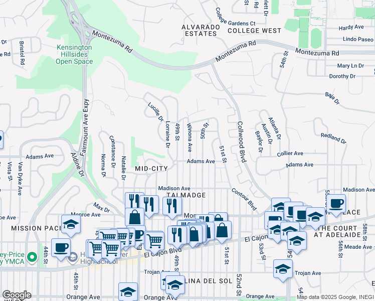 map of restaurants, bars, coffee shops, grocery stores, and more near 4730 Winona Avenue in San Diego