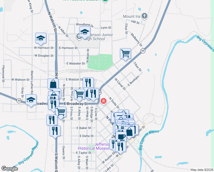 map of restaurants, bars, coffee shops, grocery stores, and more near Saint Anne Street in Jefferson