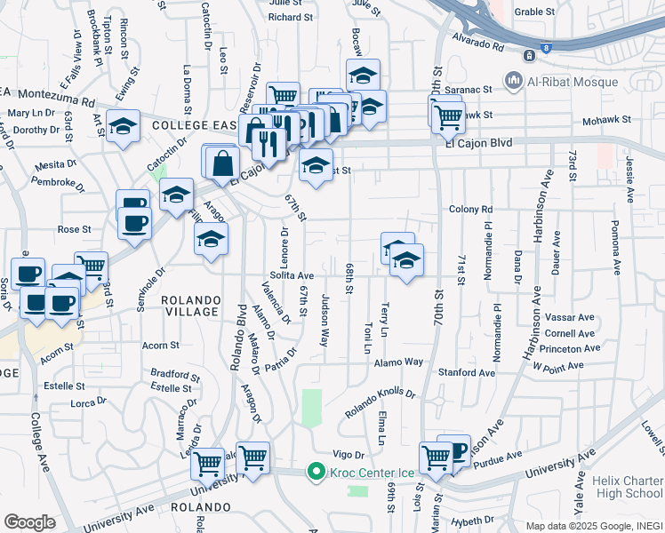 map of restaurants, bars, coffee shops, grocery stores, and more near 6752 Solita Avenue in San Diego