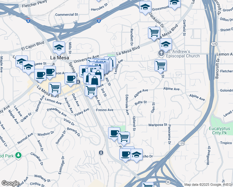 map of restaurants, bars, coffee shops, grocery stores, and more near 4579 4th Street in La Mesa