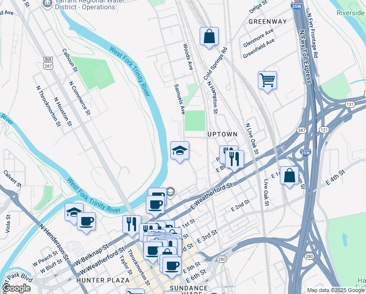 map of restaurants, bars, coffee shops, grocery stores, and more near 521 Samuels Avenue in Fort Worth
