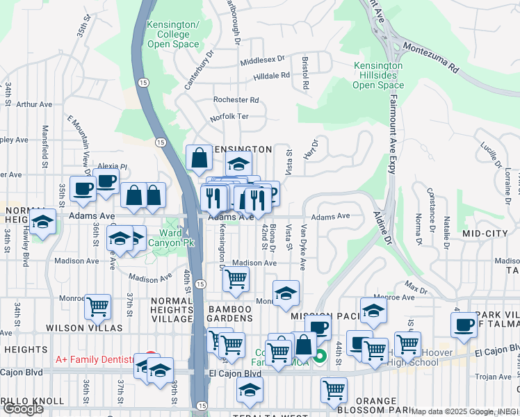 map of restaurants, bars, coffee shops, grocery stores, and more near 4715 Edgeware Road in San Diego