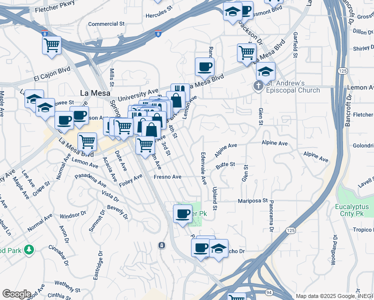 map of restaurants, bars, coffee shops, grocery stores, and more near 4579 4th Street in La Mesa