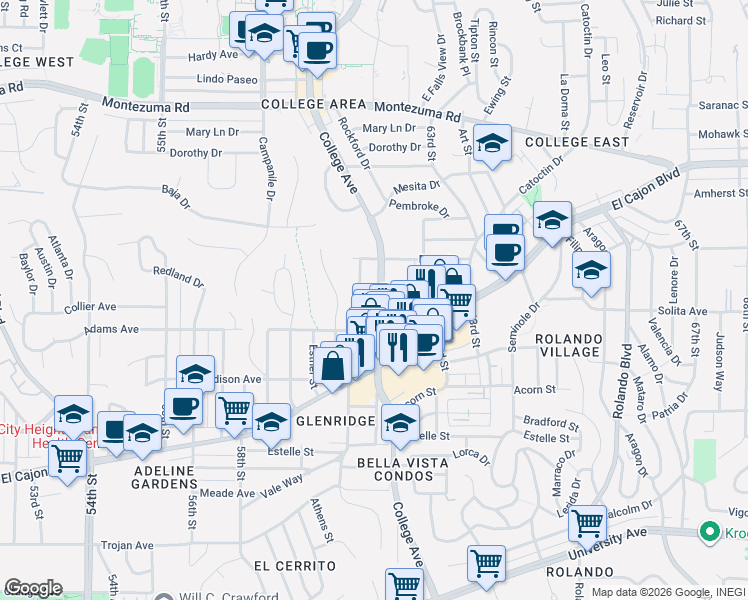 map of restaurants, bars, coffee shops, grocery stores, and more near 4713 Soria Drive in San Diego