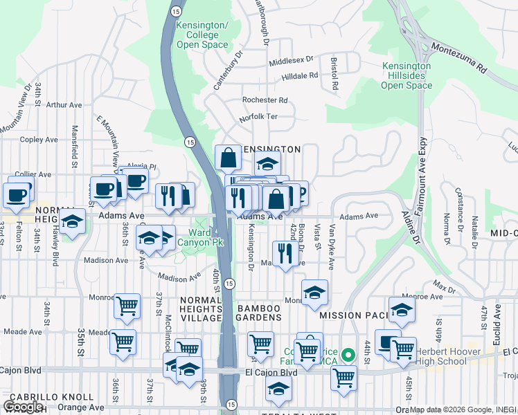 map of restaurants, bars, coffee shops, grocery stores, and more near in San Diego