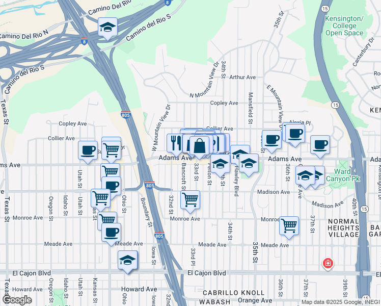 map of restaurants, bars, coffee shops, grocery stores, and more near 4688 33rd Street in San Diego