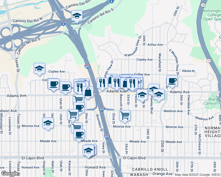 map of restaurants, bars, coffee shops, grocery stores, and more near 3165 Adams Avenue in San Diego