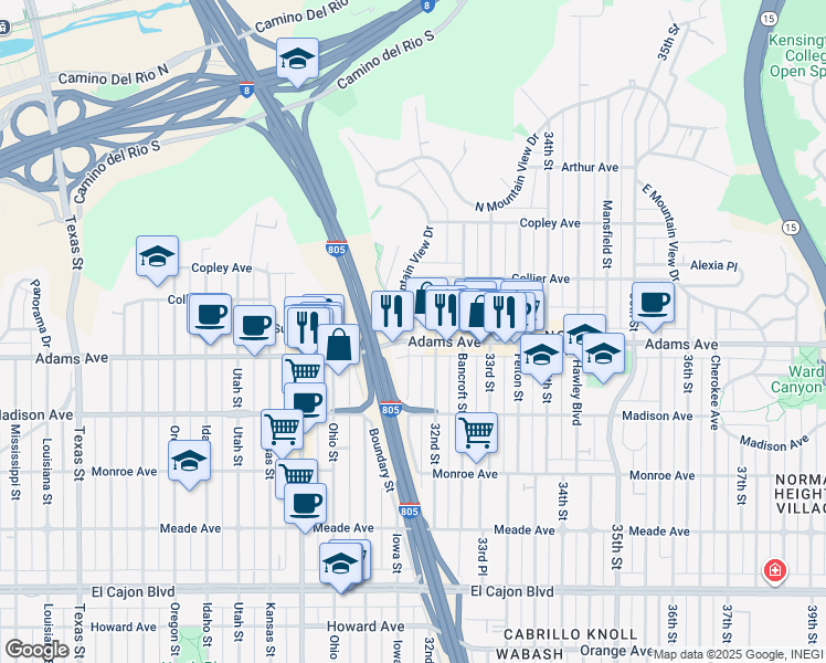 map of restaurants, bars, coffee shops, grocery stores, and more near 3165 Adams Avenue in San Diego
