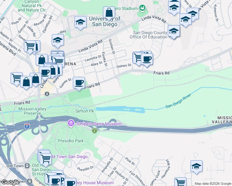 map of restaurants, bars, coffee shops, grocery stores, and more near 5875 Friars Road in San Diego