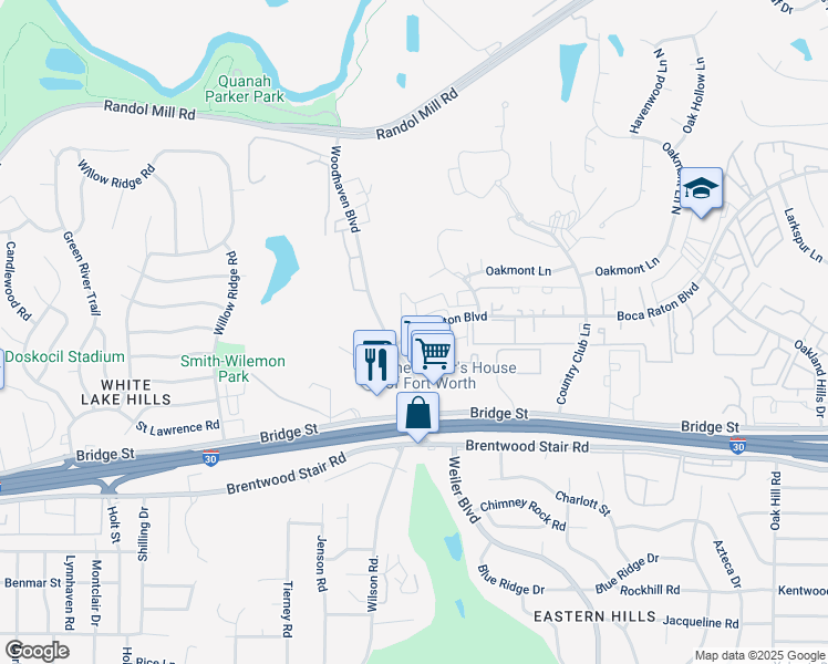 map of restaurants, bars, coffee shops, grocery stores, and more near 1208 Woodhaven Boulevard in Fort Worth