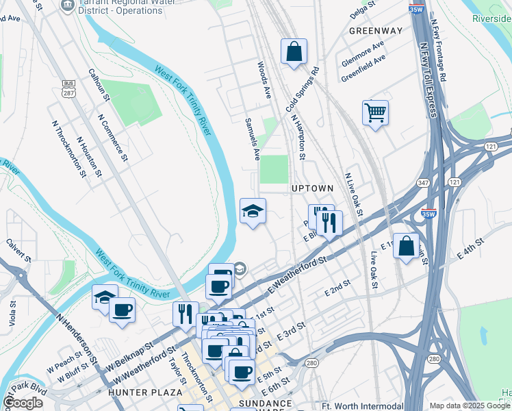 map of restaurants, bars, coffee shops, grocery stores, and more near 432 Samuels Avenue in Fort Worth