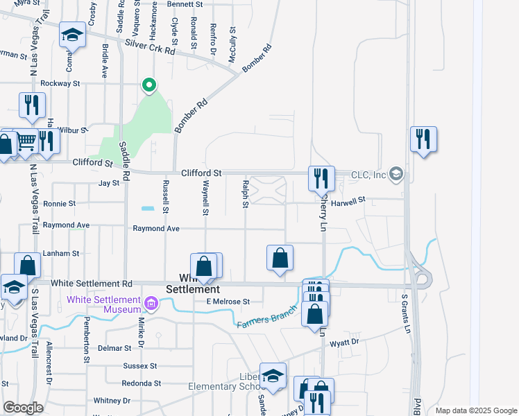map of restaurants, bars, coffee shops, grocery stores, and more near 8032 Raymond Avenue in Fort Worth
