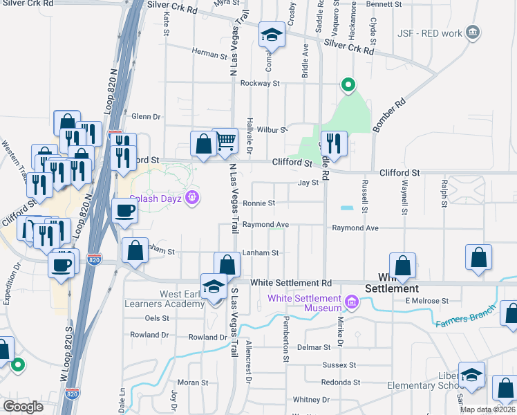 map of restaurants, bars, coffee shops, grocery stores, and more near 8604 Raymond Avenue in Fort Worth