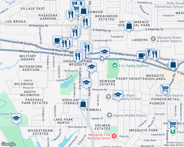 map of restaurants, bars, coffee shops, grocery stores, and more near 430 East Holley Street in Mesquite