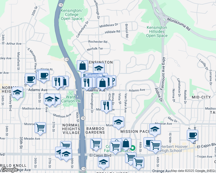map of restaurants, bars, coffee shops, grocery stores, and more near 4715 Edgeware Road in San Diego
