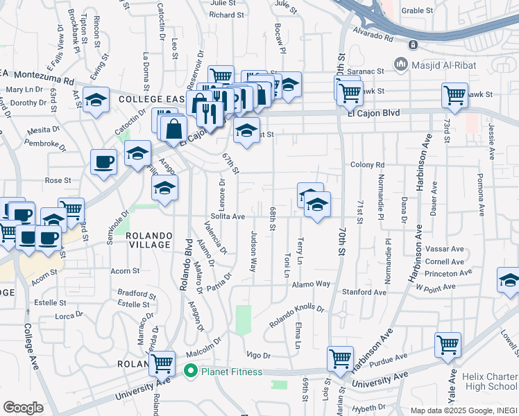 map of restaurants, bars, coffee shops, grocery stores, and more near 4666 Judson Way in La Mesa