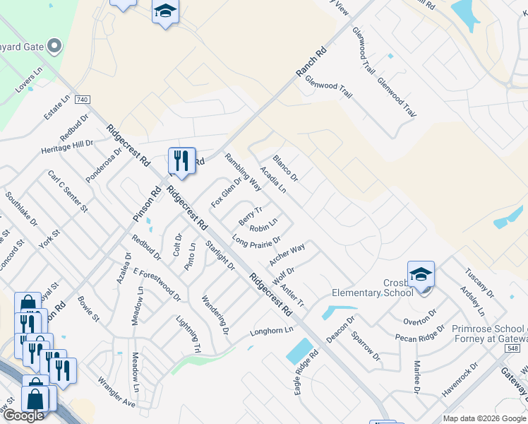 map of restaurants, bars, coffee shops, grocery stores, and more near 621 Berry Tr in Forney