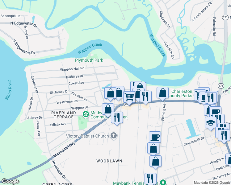 map of restaurants, bars, coffee shops, grocery stores, and more near 2013 Frampton Avenue in Charleston