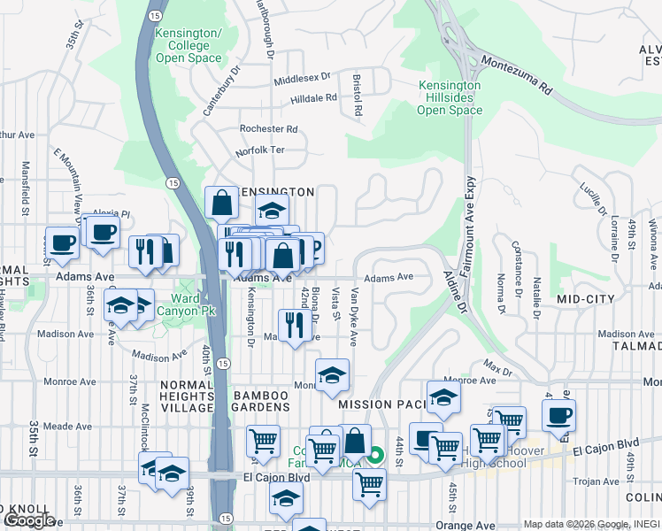map of restaurants, bars, coffee shops, grocery stores, and more near 4688 Vista Street in San Diego