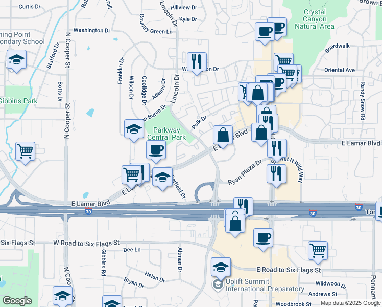 map of restaurants, bars, coffee shops, grocery stores, and more near 611 East Lamar Boulevard in Arlington