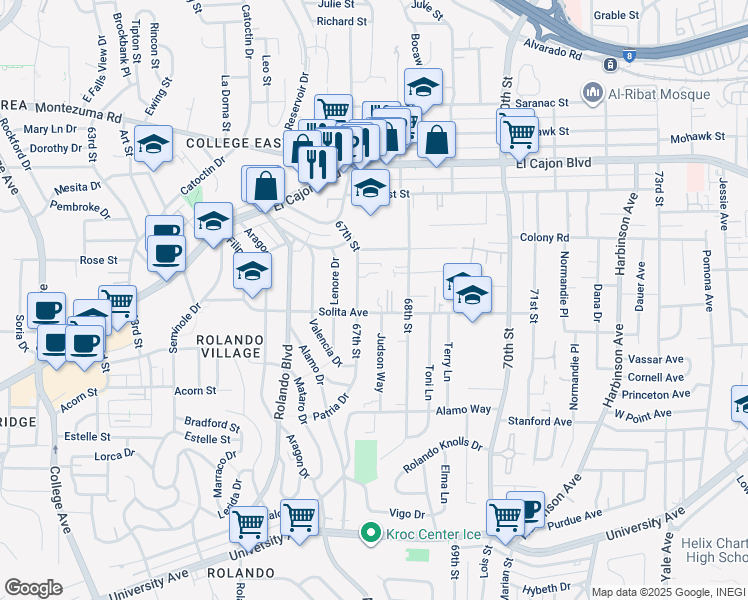 map of restaurants, bars, coffee shops, grocery stores, and more near 4753 67th Street in San Diego