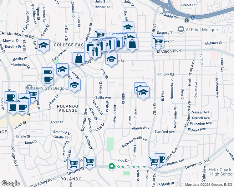 map of restaurants, bars, coffee shops, grocery stores, and more near 6752 Solita Avenue in San Diego