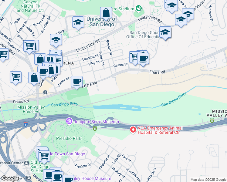 map of restaurants, bars, coffee shops, grocery stores, and more near 5875 Friars Road in San Diego