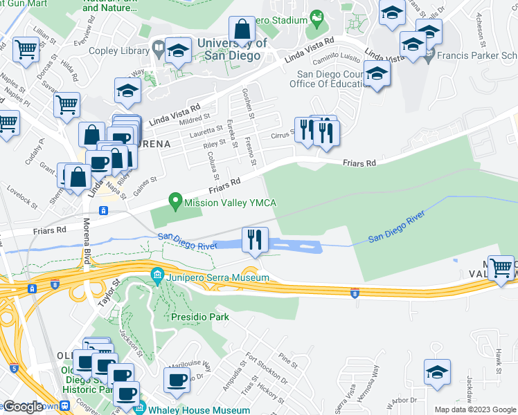 map of restaurants, bars, coffee shops, grocery stores, and more near 5865 Friars Road in San Diego
