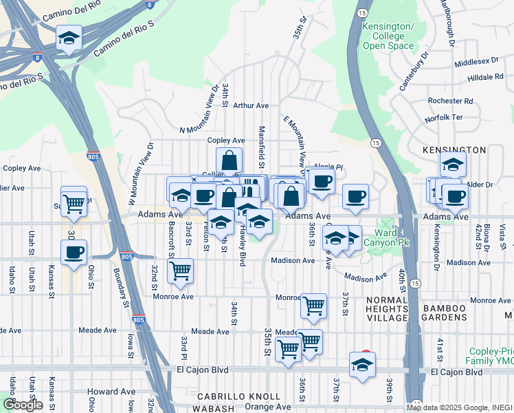 map of restaurants, bars, coffee shops, grocery stores, and more near 4710 Mansfield Street in San Diego