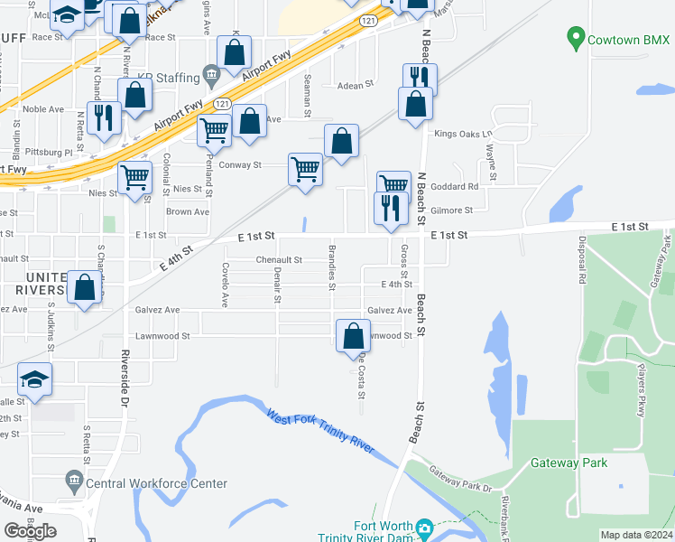 map of restaurants, bars, coffee shops, grocery stores, and more near 205 Brandies Street in Fort Worth
