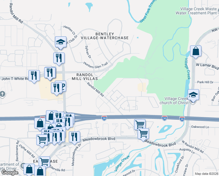 map of restaurants, bars, coffee shops, grocery stores, and more near 8801 Creek Run Road in Fort Worth