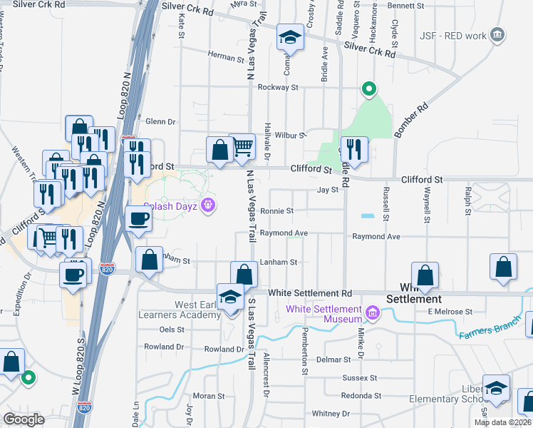 map of restaurants, bars, coffee shops, grocery stores, and more near 412 North Las Vegas Trail in Fort Worth