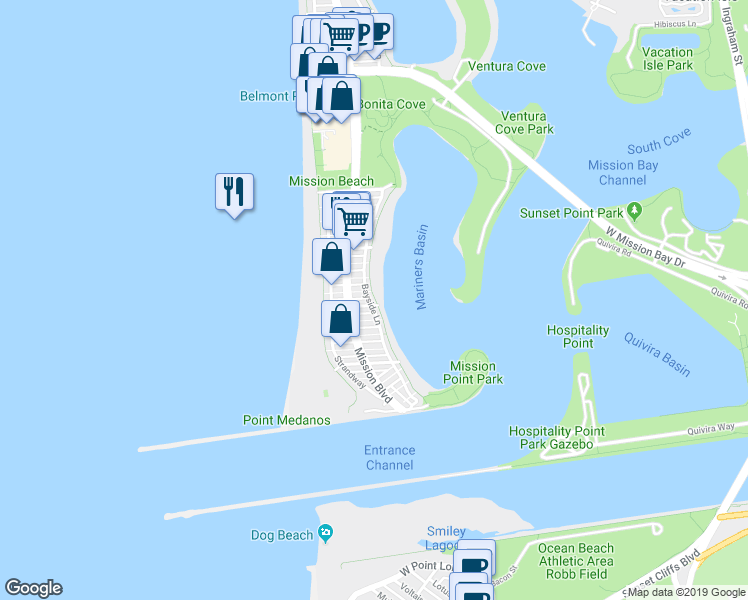 map of restaurants, bars, coffee shops, grocery stores, and more near 2812 Bayside Walk in San Diego